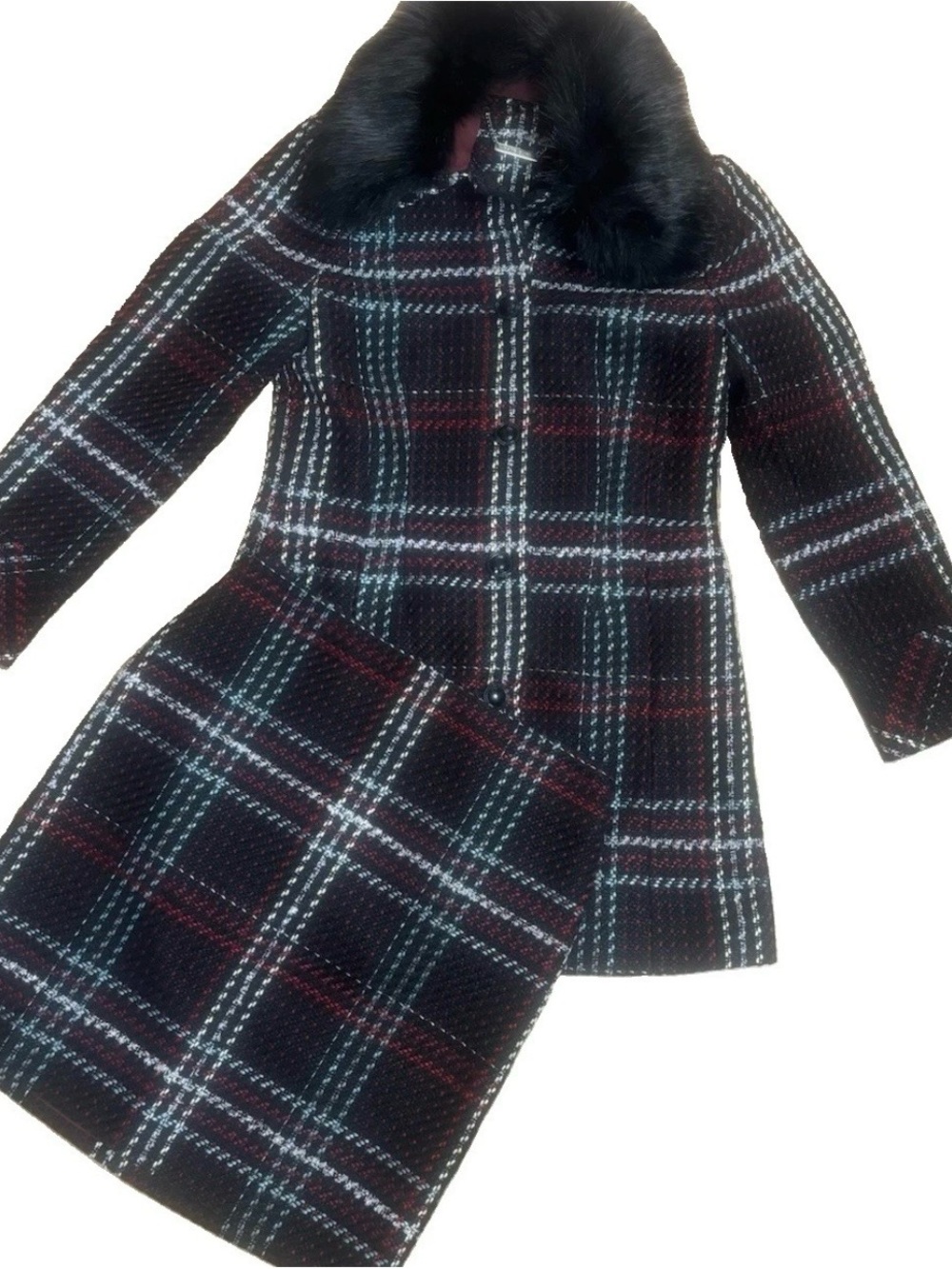 White House Black Market Plaid Coat & Skirt Set Faux Fur Collar XSP 00